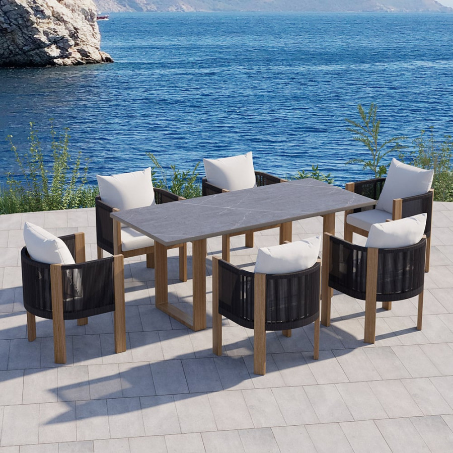 HMR - 7-Pieces Faux Marble Outdoor Dining Set with Woven Rope Chairs for 6 Person (70.9")
