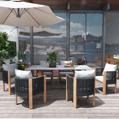 HMR - 7-Pieces Faux Marble Outdoor Dining Set with Woven Rope Chairs for 6 Person (70.9")