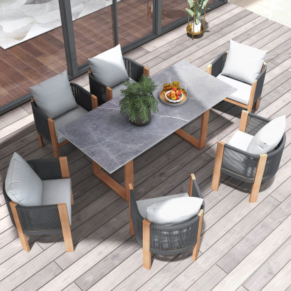 HMR - 7-Pieces Faux Marble Outdoor Dining Set with Woven Rope Chairs for 6 Person (70.9")