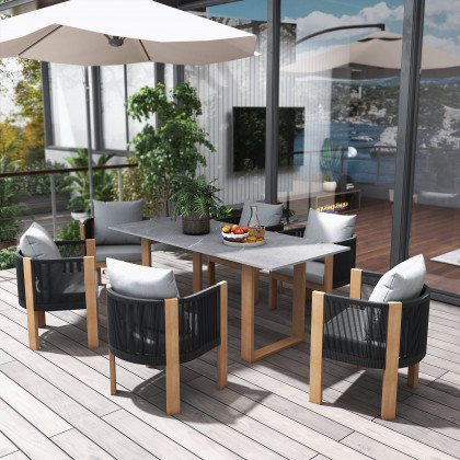 HMR - 7-Pieces Faux Marble Outdoor Dining Set with Woven Rope Chairs for 6 Person (70.9")