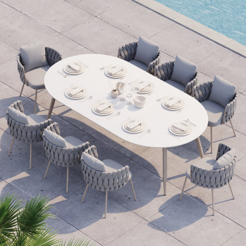 HMR Outdoor Faux Marble Top Dining Table Set with Rope Woven Armchairs - Gray & White, 84" (8-Pieces)