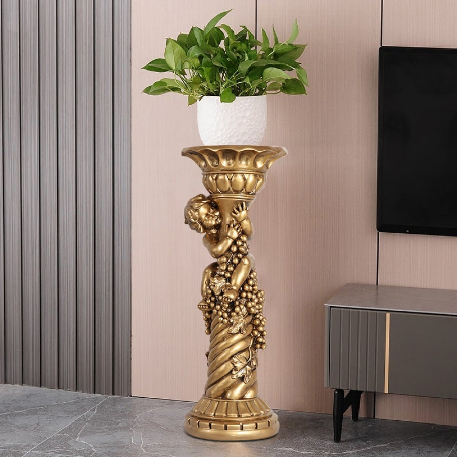 HMR - 30.9" Large Tall Vintage Angel Boy Round Pedestal Plant Stand Indoor Decor in Gold