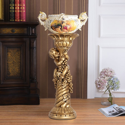 HMR - 30.9" Large Tall Vintage Angel Boy Round Pedestal Plant Stand Indoor Decor in Gold
