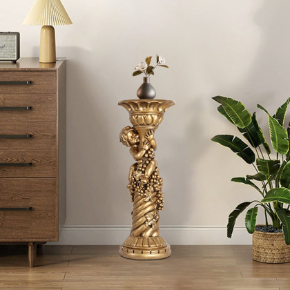 HMR - 30.9" Large Tall Vintage Angel Boy Round Pedestal Plant Stand Indoor Decor in Gold