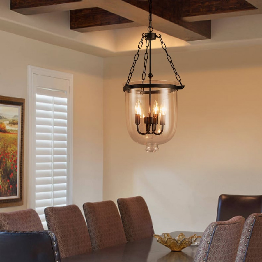 HMR - Rustic Clear Glass Shade Pendant Light with 3 Candle Lights in Black
