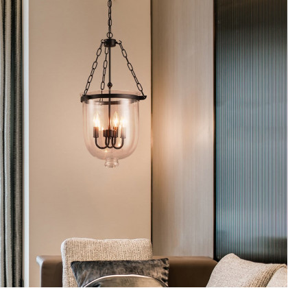 HMR - Rustic Clear Glass Shade Pendant Light with 3 Candle Lights in Black