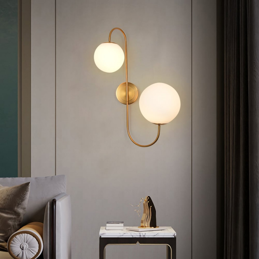 HMR - Wall Sconce Globe with Shade 2-Light in Aged Brass, White, Glass