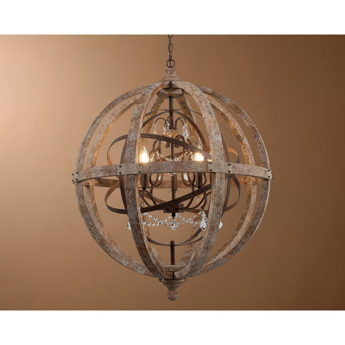 HMR Retro Globe Weathered 5-Light Chandelier with Crystal Accents - Rust, Large