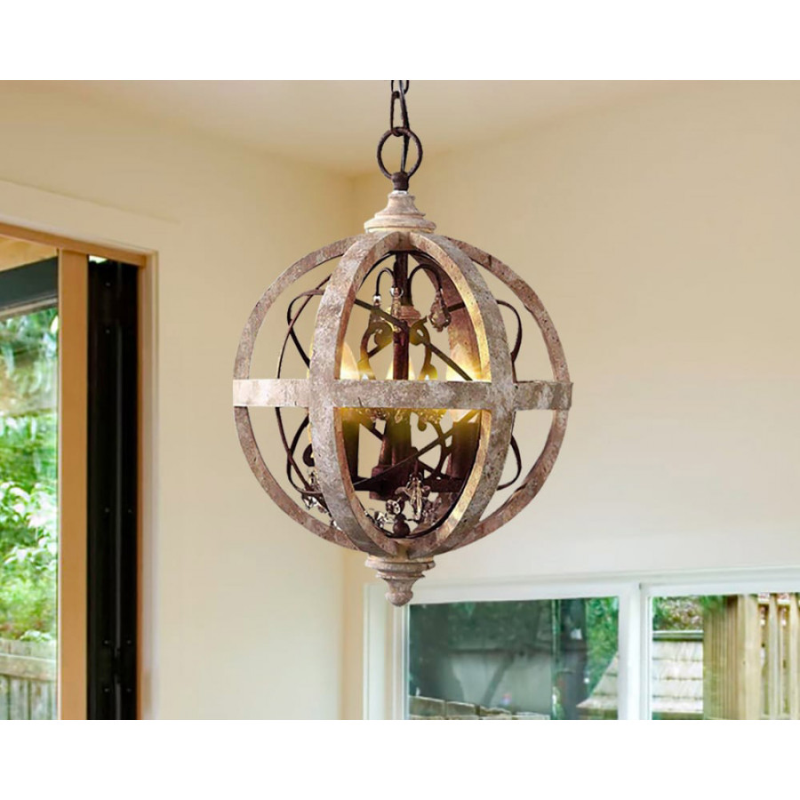 HMR Retro Globe Weathered 5-Light Chandelier with Crystal Accents - Rust, Small