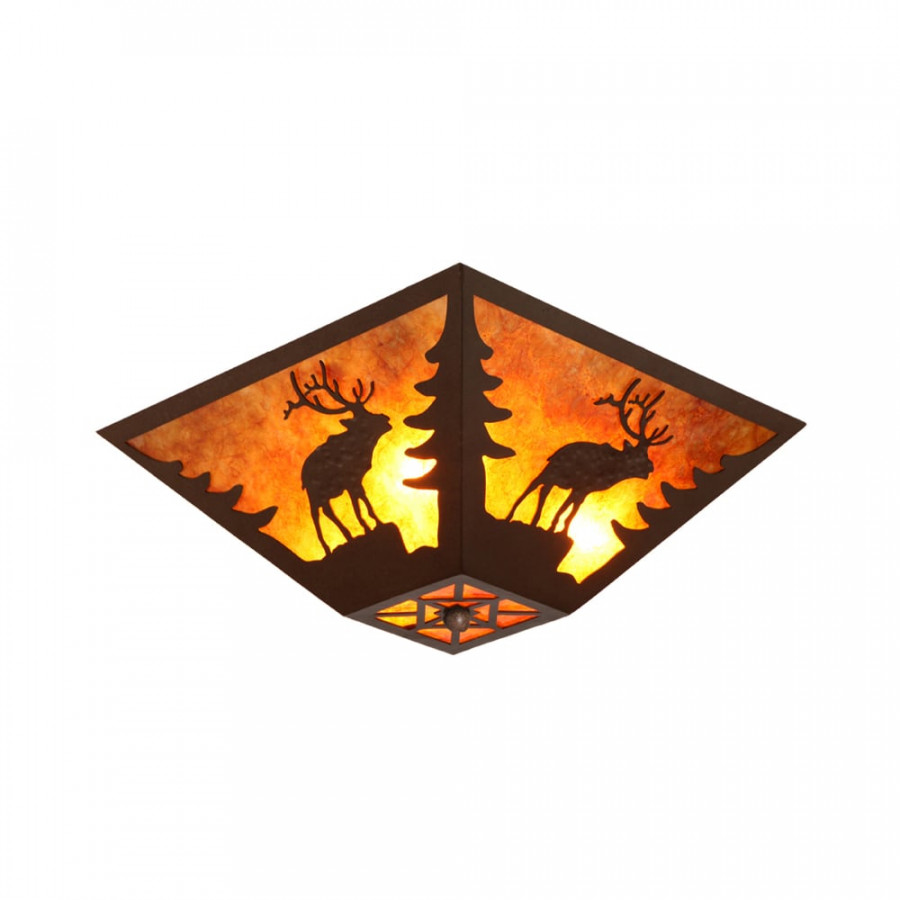 HMR - 3-Light Square Flush Mount Ceiling Light in Amber, Mica and Rust Metal