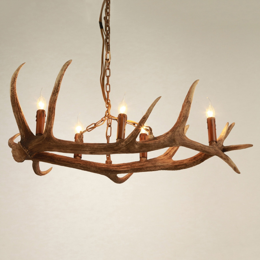 HMR - Rustic Faux Deer Antler Island Pool Table Pendant Light with 5 Candle Lights in Resin