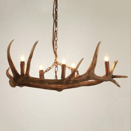 HMR - Rustic Faux Deer Antler Island Pool Table Pendant Light with 5 Candle Lights in Resin