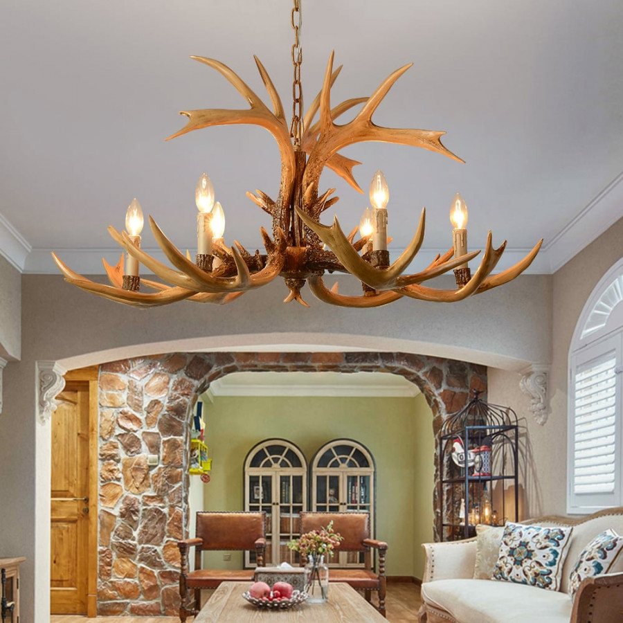 HMR - Vintage Resin Deer Horn Antler 6-Light Large Rustic Ceiling Chandelier in Gold