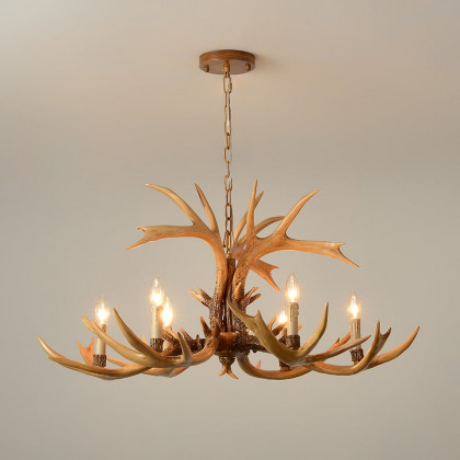 HMR - Vintage Resin Deer Horn Antler 6-Light Large Rustic Ceiling Chandelier in Gold