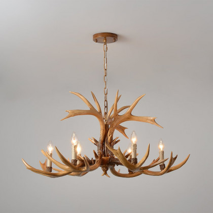 HMR - Vintage Resin Deer Horn Antler 6-Light Large Rustic Ceiling Chandelier in Gold