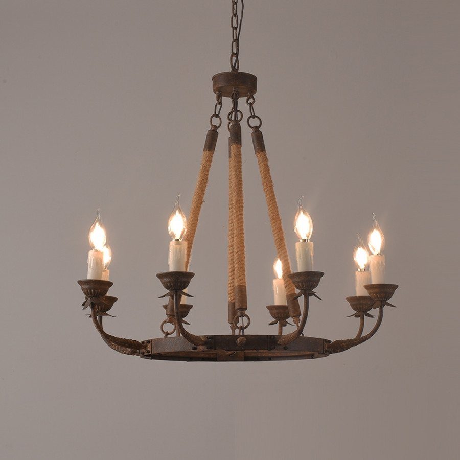 HMR - Candlely Hemp Rope and Metal 8-Light Round Chandelier in Rust