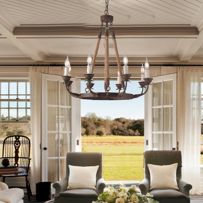 HMR - Candlely Hemp Rope and Metal 8-Light Round Chandelier in Rust