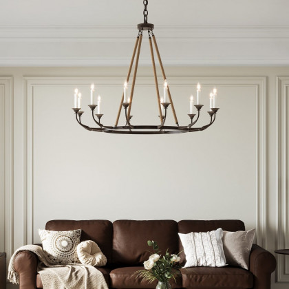 HMR - Candlely Hemp Rope and Metal 8-Light Round Chandelier in Rust