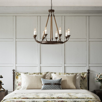 HMR - Candlely Hemp Rope and Metal 8-Light Round Chandelier in Rust