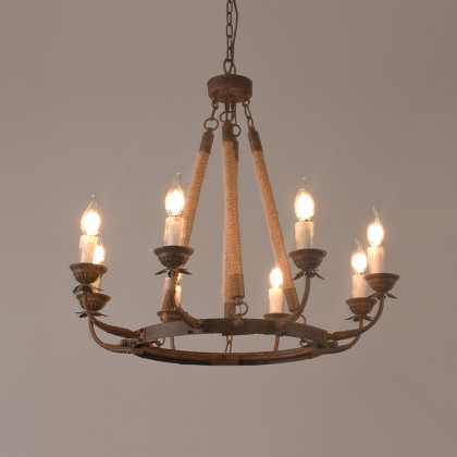 HMR - Candlely Hemp Rope and Metal 8-Light Round Chandelier in Rust