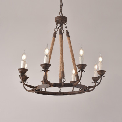 HMR - Candlely Hemp Rope and Metal 8-Light Round Chandelier in Rust