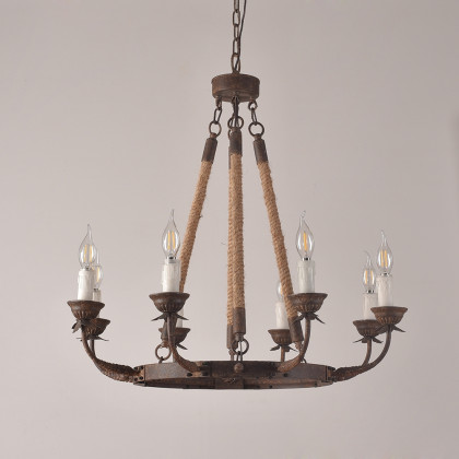 HMR - Candlely Hemp Rope and Metal 8-Light Round Chandelier in Rust