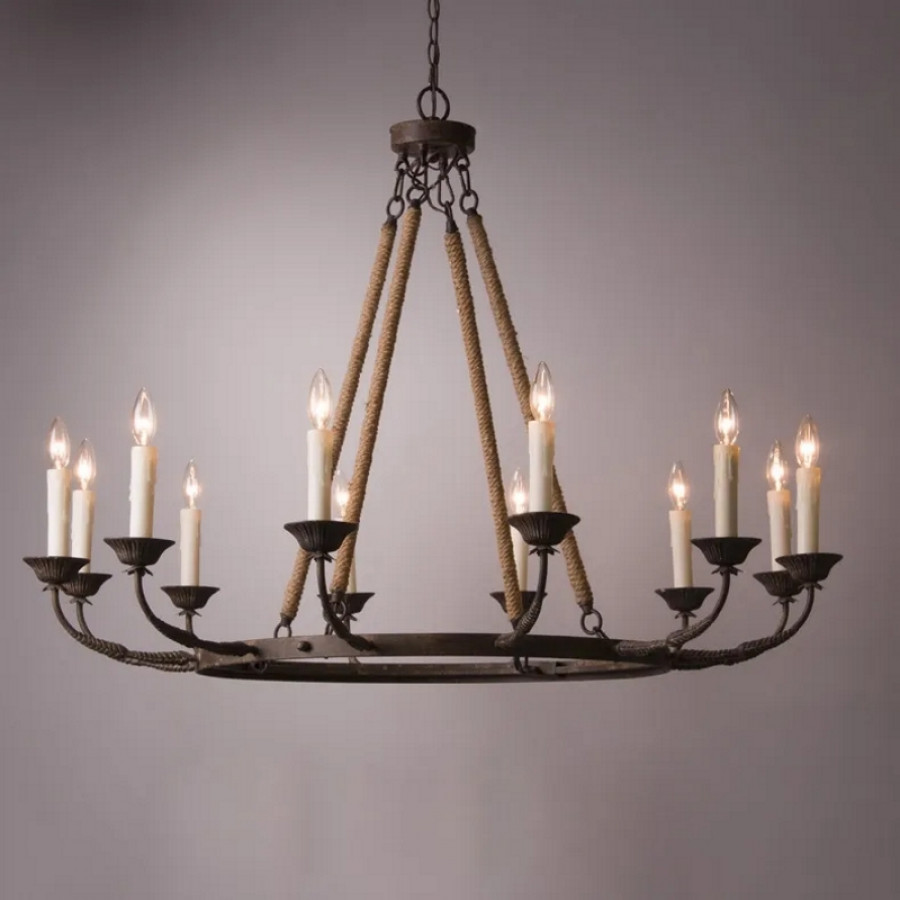 HMR - Candlely 12-Light Wagon Wheel Chandelier with Flaxen Hemp Rope in Rust