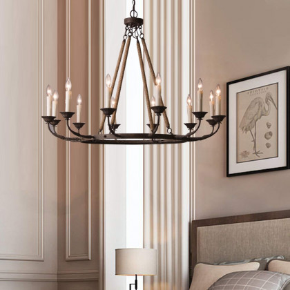 HMR - Candlely 12-Light Wagon Wheel Chandelier with Flaxen Hemp Rope in Rust