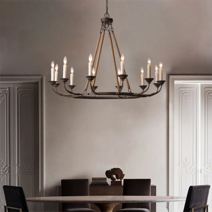 HMR - Candlely 12-Light Wagon Wheel Chandelier with Flaxen Hemp Rope in Rust