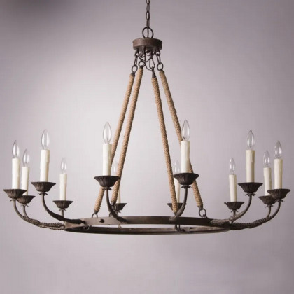 HMR - Candlely 12-Light Wagon Wheel Chandelier with Flaxen Hemp Rope in Rust