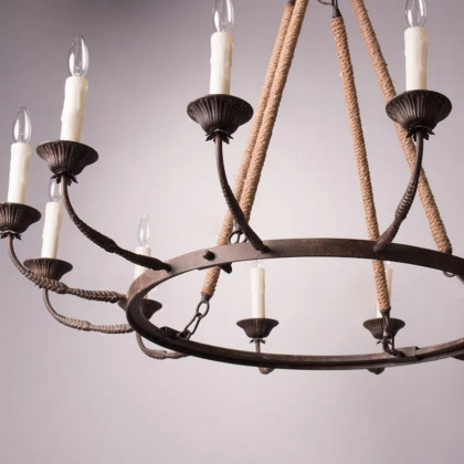 HMR - Candlely 12-Light Wagon Wheel Chandelier with Flaxen Hemp Rope in Rust