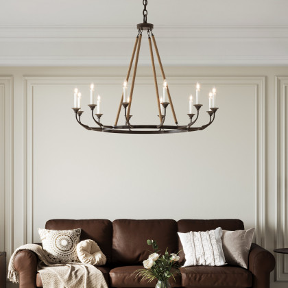 HMR - Candlely 12-Light Wagon Wheel Chandelier with Flaxen Hemp Rope in Rust