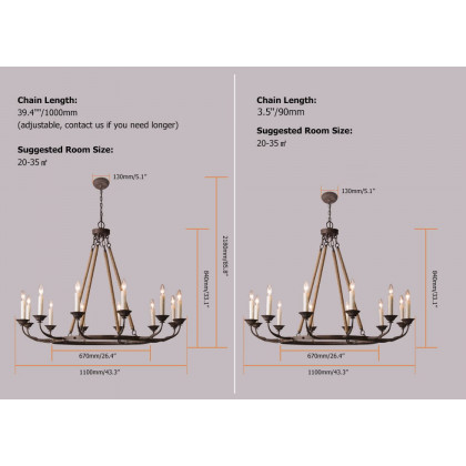 HMR - Candlely 12-Light Wagon Wheel Chandelier with Flaxen Hemp Rope in Rust
