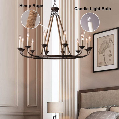 HMR - Candlely 12-Light Wagon Wheel Chandelier with Flaxen Hemp Rope in Rust