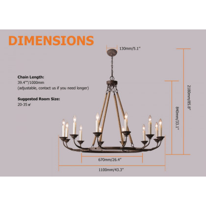 HMR - Candlely 12-Light Wagon Wheel Chandelier with Flaxen Hemp Rope in Rust