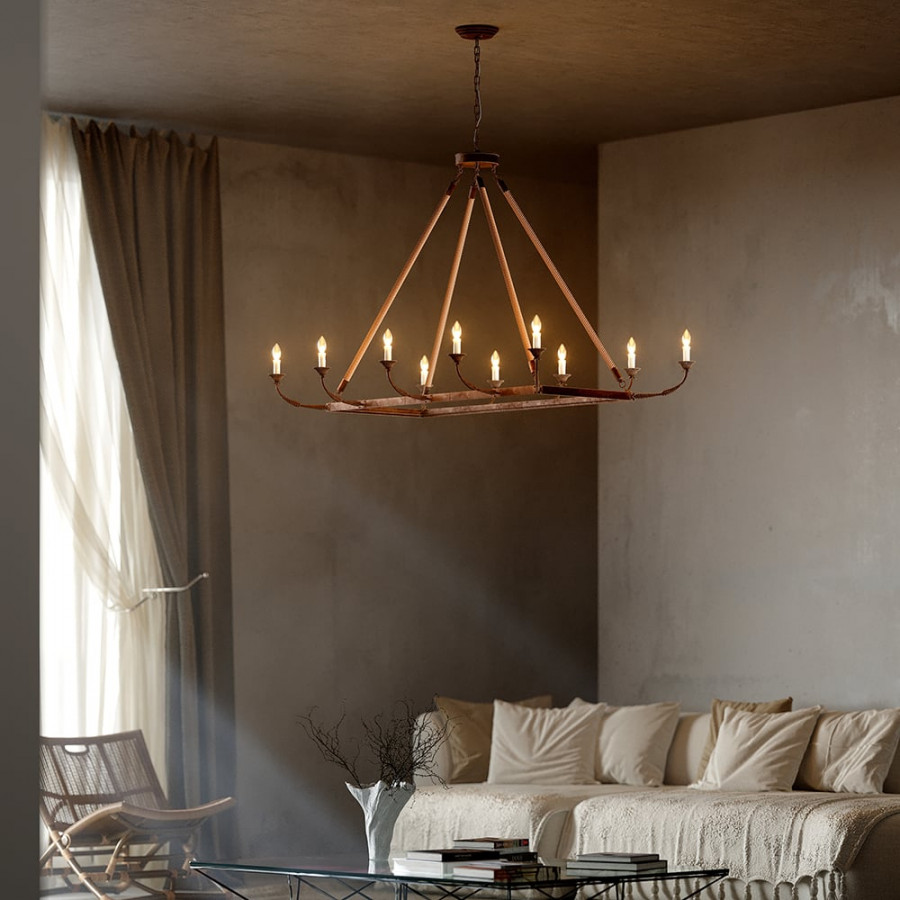 HMR - Candlely 10-Light Rectangular Linear Chandelier with Hemp Rope in Rust