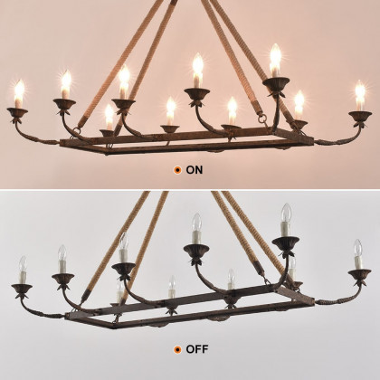 HMR - Candlely 10-Light Rectangular Linear Chandelier with Hemp Rope in Rust
