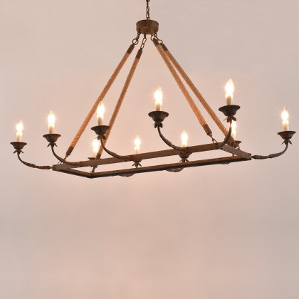 HMR - Candlely 10-Light Rectangular Linear Chandelier with Hemp Rope in Rust