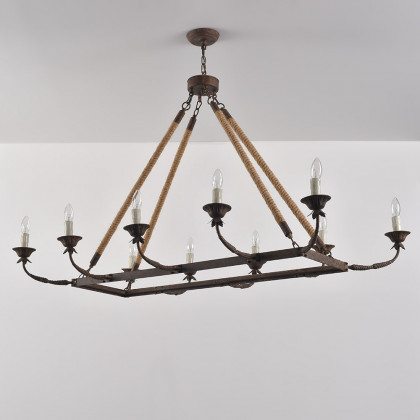 HMR - Candlely 10-Light Rectangular Linear Chandelier with Hemp Rope in Rust