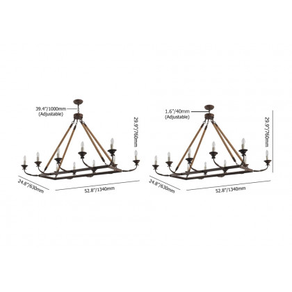 HMR - Candlely 10-Light Rectangular Linear Chandelier with Hemp Rope in Rust