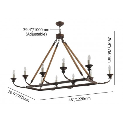 HMR - Candlely 10-Light Rectangular Linear Chandelier with Hemp Rope in Rust