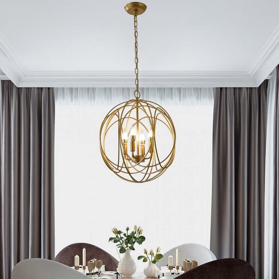 HMR - Modern 4-Light Iron Suspended Geometric Chandelier in Gold