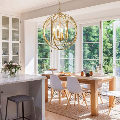 HMR - Modern 4-Light Iron Suspended Geometric Chandelier in Gold