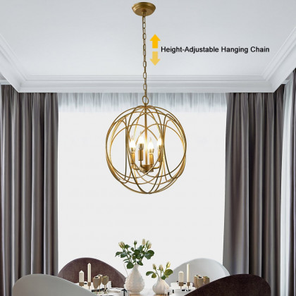 HMR - Modern 4-Light Iron Suspended Geometric Chandelier in Gold