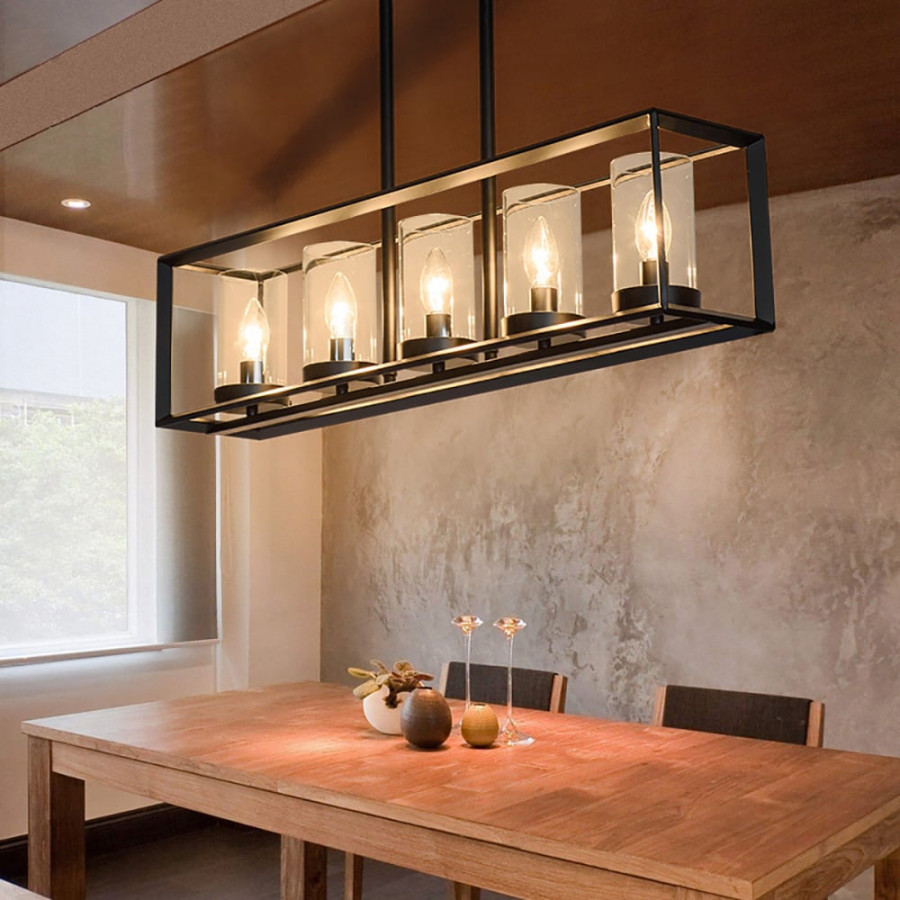 HMR - Metal Frame 5-Light Kitchen Island Linear Pendant Light in Black