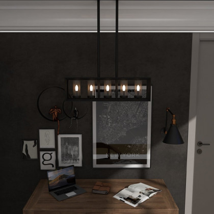 HMR - Metal Frame 5-Light Kitchen Island Linear Pendant Light in Black
