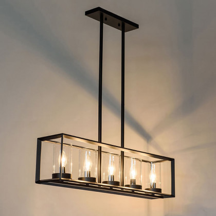 HMR - Metal Frame 5-Light Kitchen Island Linear Pendant Light in Black