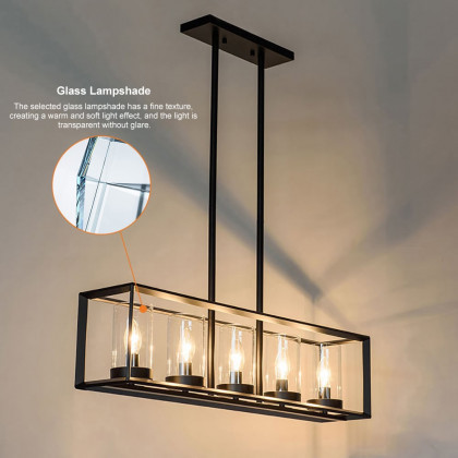 HMR - Metal Frame 5-Light Kitchen Island Linear Pendant Light in Black
