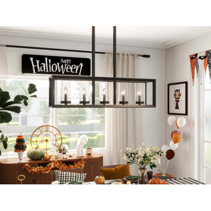 HMR - Metal Frame 5-Light Kitchen Island Linear Pendant Light in Black
