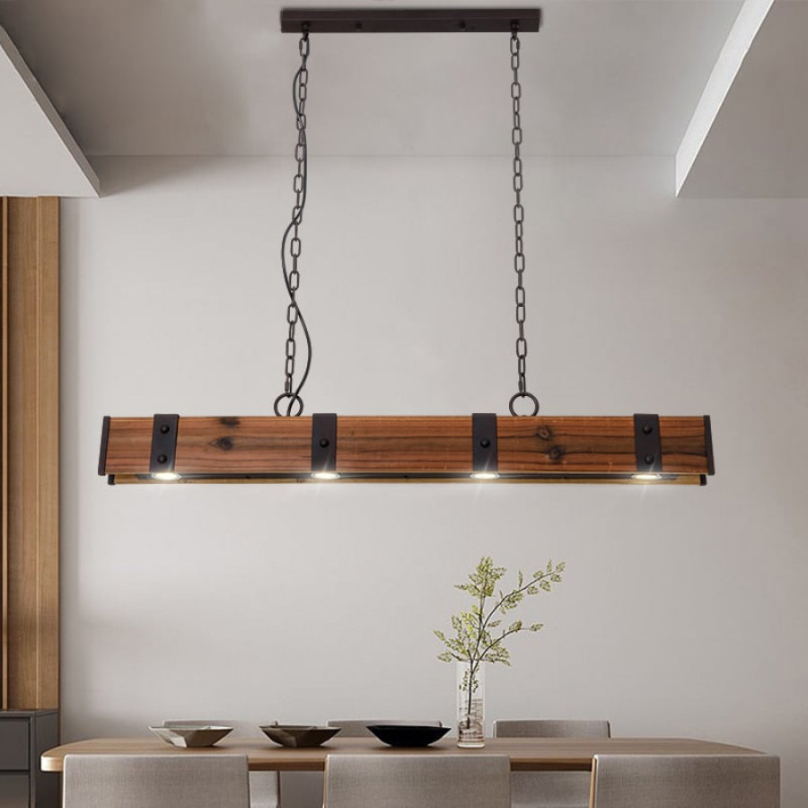 HMR - Rowen Industrial 4-Light LED Linear Rust Wood and Metal Pendant Light in Rust